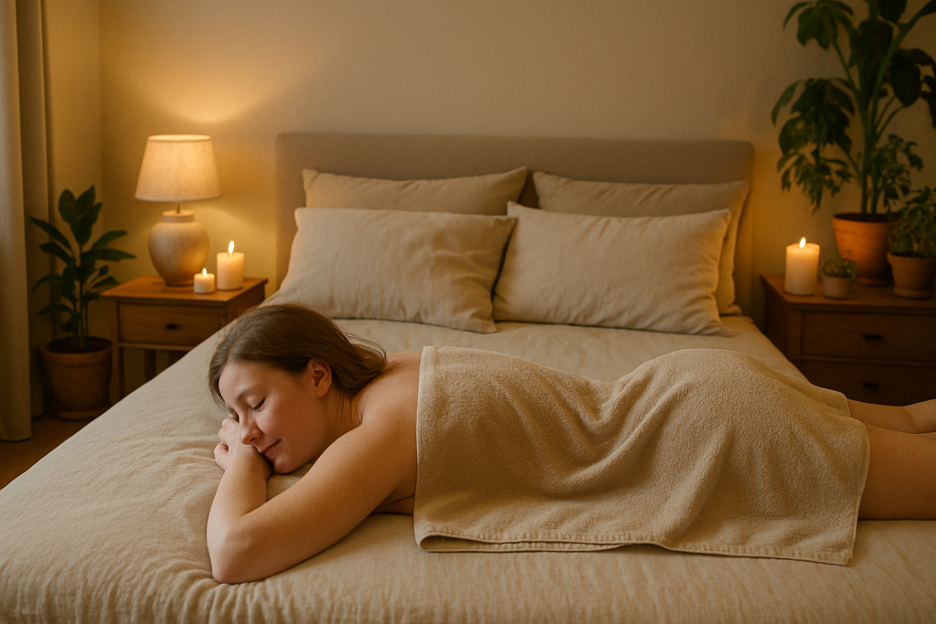 Claudia geniet van een ontspannende full body massage aan huis