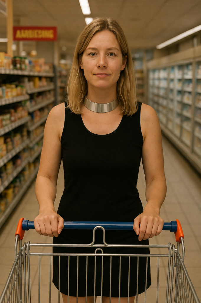 Lara staat tijdens een boodschap in een fel verlichte supermarkt achter een winkelwagen. Ze draagt een strak, minimalistisch zwart jurkje en een opvallende, nauwsluitende halsband van glad staal.